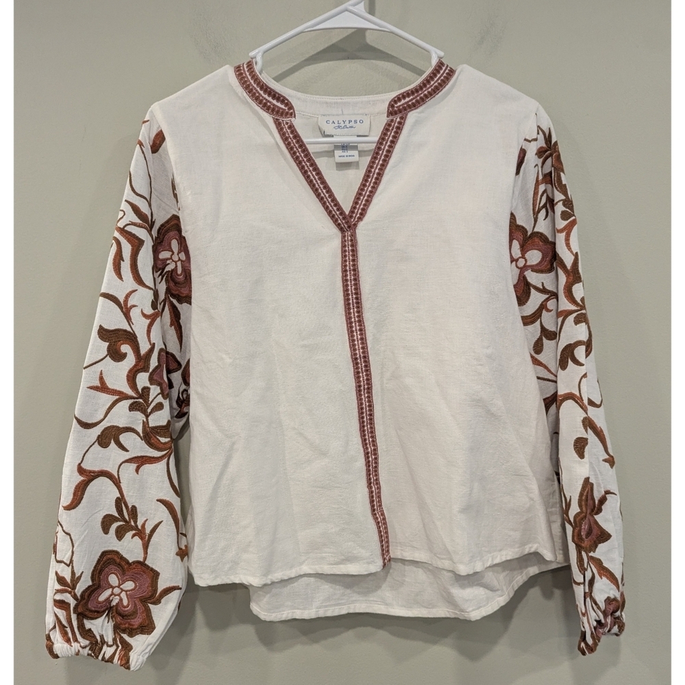 Calypso St. Barth Embroidered Flax Cotton Blouse Size Small